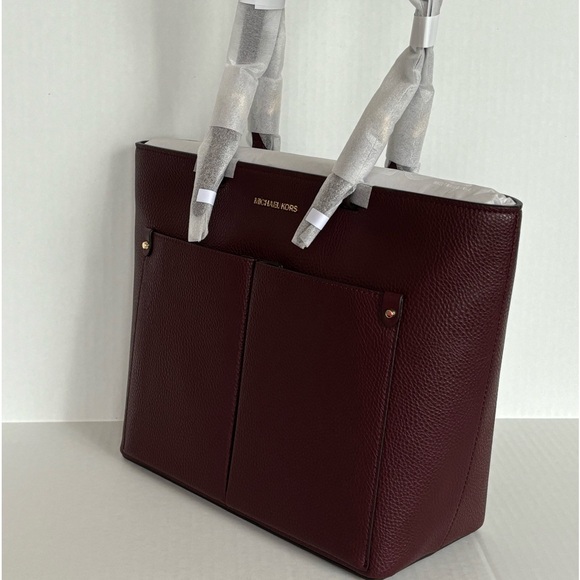 NWT Michael Kors Jet Set Travel Medium Double Pocket Tote Oxblood Vegan Leather - Picture 3 of 14